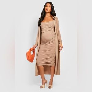 MATERNITY STRAPPY COWL NECK DRESS AND DUSTER- CAMEL